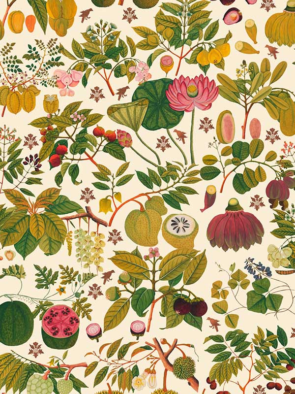 Asian Fruits And Flowers fabric in green taupe pink color - pattern number WP20315 - by Mind the Gap in the Wallpaper Collectables collection