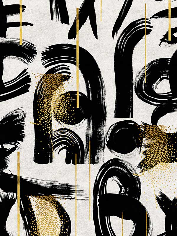 Gestural Abstraction fabric in black white gold color - pattern number WP20332 - by Mind the Gap in the Wallpaper Collectables collection
