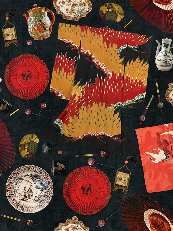 Memoirs Of A Gheisha fabric in red yellow black color - pattern number WP20345 - by Mind the Gap in the Wallpaper Collectables collection