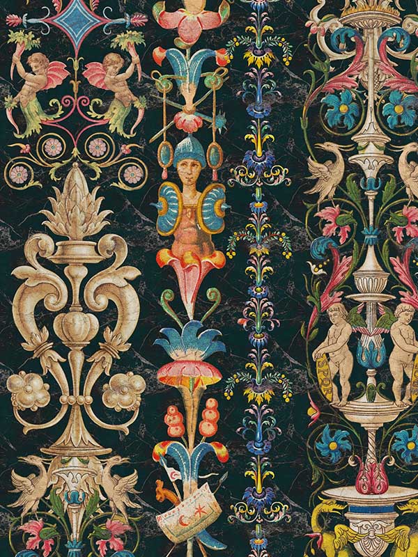 Miniatures fabric in green blue taupe black color - pattern number WP20374 - by Mind the Gap in the Wallpaper Collectables collection