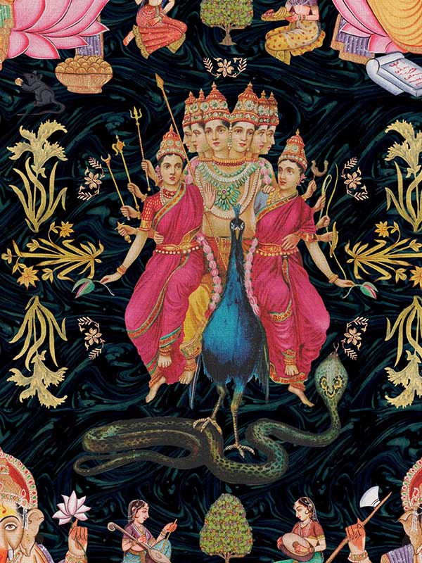 Goddess fabric in pink blue gold black color - pattern number WP20406 - by Mind the Gap in the Wallpaper Collectables collection