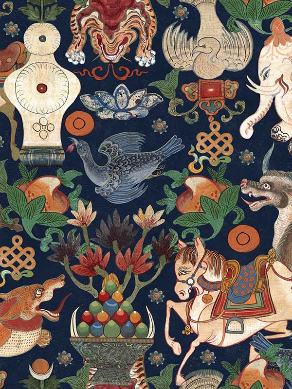 Incantation fabric in dark indigo green red orange taupe color - pattern number WP20620 - by Mind the Gap in the Woodstock collection