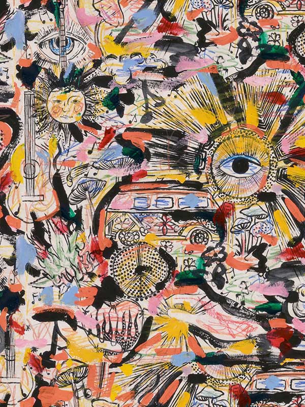 Summer Of 69 fabric in black pink yellow blue red color - pattern number WP20625 - by Mind the Gap in the Woodstock collection