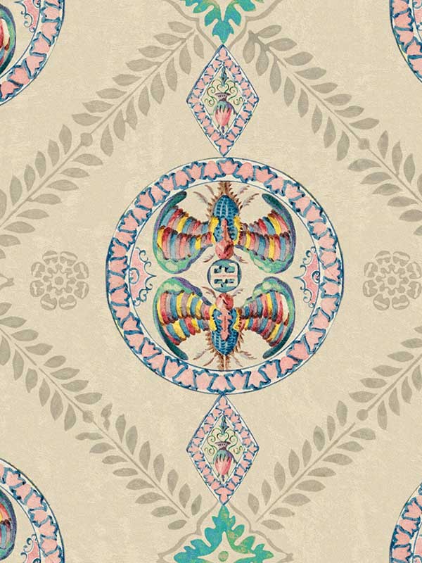 Abeille Decoratif fabric in taupe red blue pink turquoise color - pattern number WP20765 - by Mind the Gap in the Orient Express collection