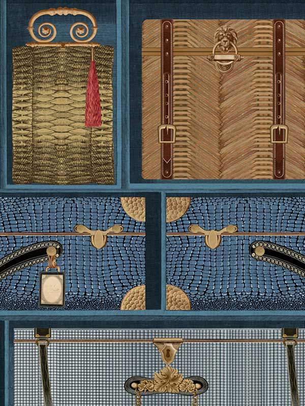 The Luggage Car fabric in blue color - pattern number WP20781 - by Mind the Gap in the Orient Express collection