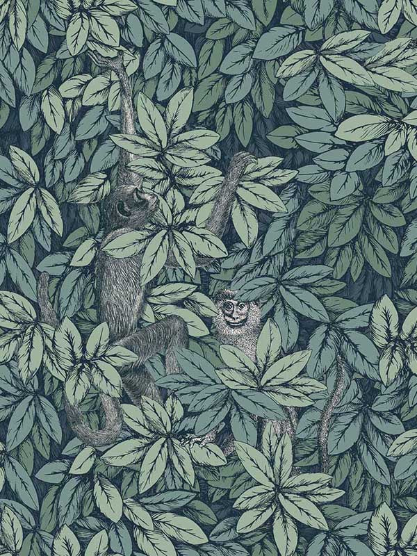 Foglie E Scimmie fabric in viridian color - pattern number 123/10046.CS.0 - by Cole and Son in the Fornasetti Senza Tempo II collection