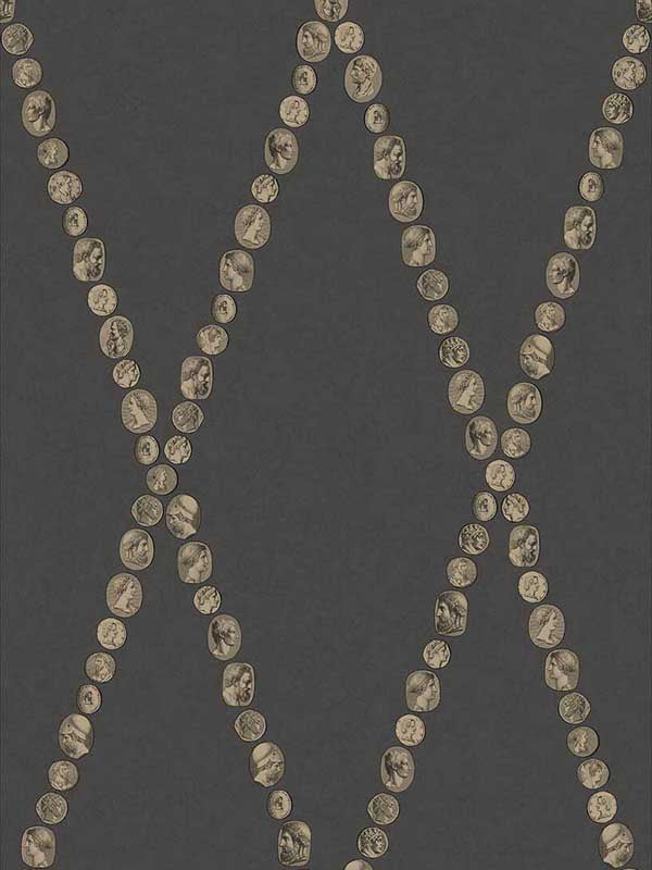 Cammei wallpaper in gold on charcoal color - pattern number 123/4018.CS.0 - by Cole and Son in the Fornasetti Senza Tempo II collection