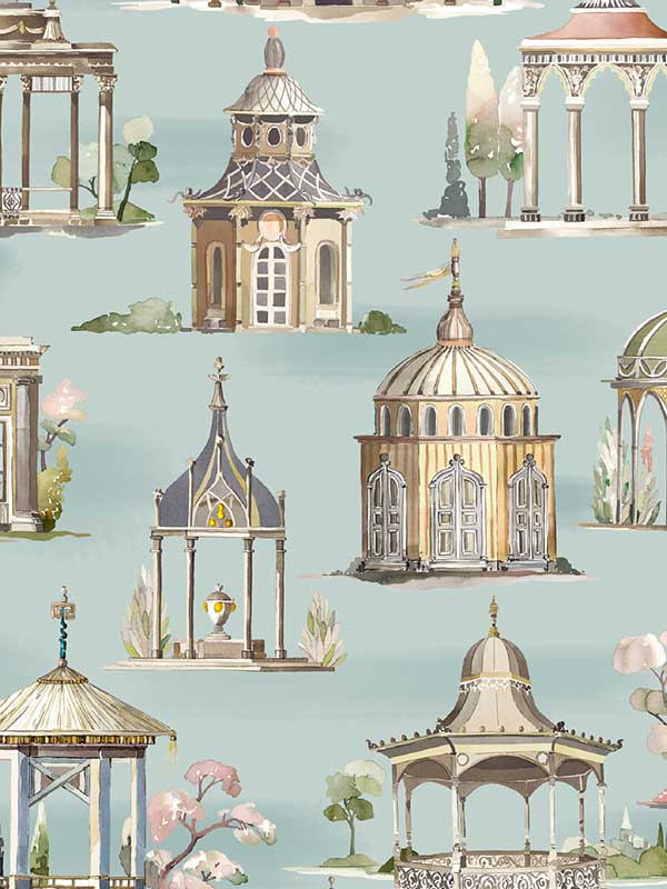 Follies wallpaper in aqua color - pattern number FG093.R104.0 - by Mulberry Home in the Icons Wallpaper collection