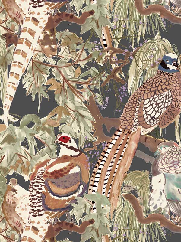 Game Birds fabric in charcoal color - pattern number FG101.A101.0 - by Mulberry Home in the Icons Wallpaper collection