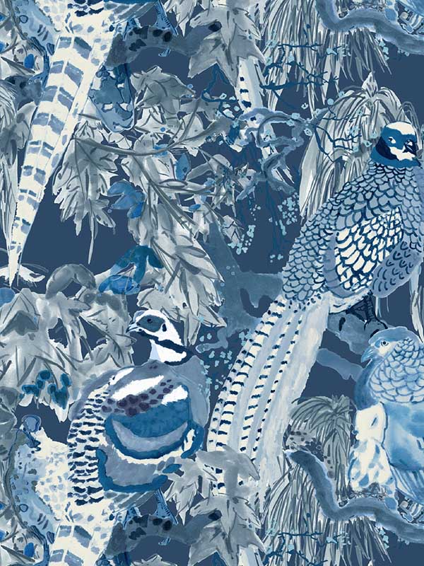 Game Birds fabric in indigo color - pattern number FG101.H10.0 - by Mulberry Home in the Icons Wallpaper collection