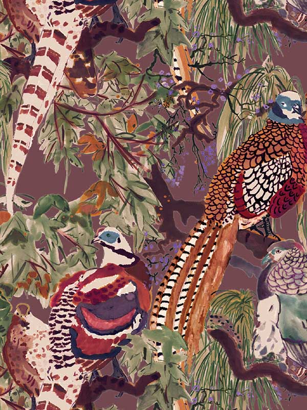 Game Birds fabric in red plum color - pattern number FG101.V54.0 - by Mulberry Home in the Icons Wallpaper collection