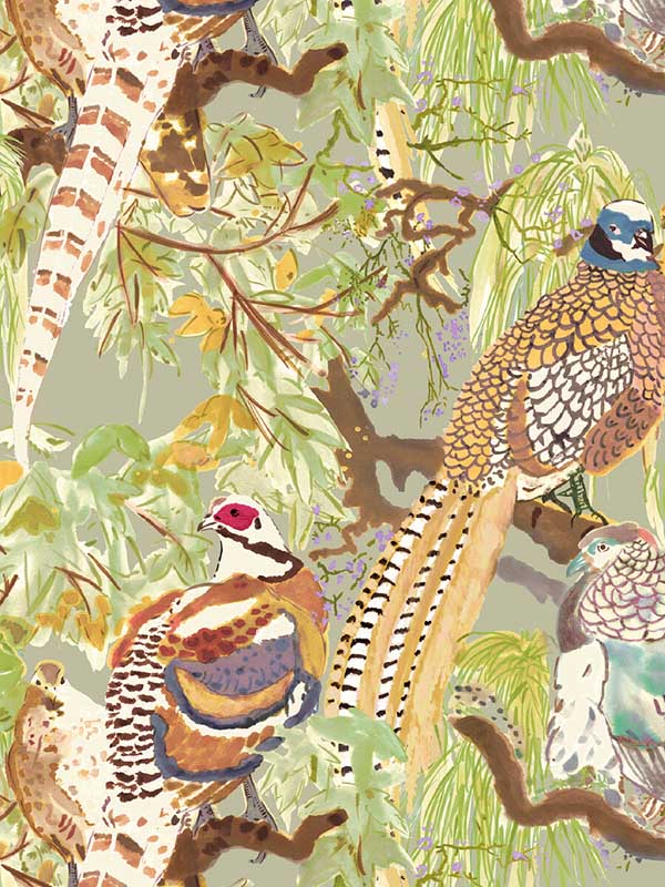 Game Birds fabric in multi color - pattern number FG101.Y101.0 - by Mulberry Home in the Icons Wallpaper collection