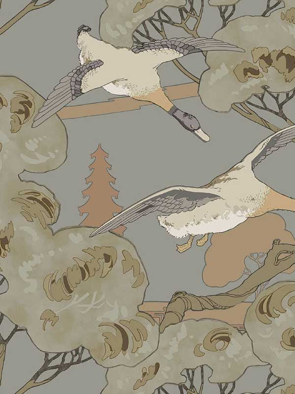 Grand Flying Ducks fabric in grey blue color - pattern number FG102.A116.0 - by Mulberry Home in the Icons Wallpaper collection