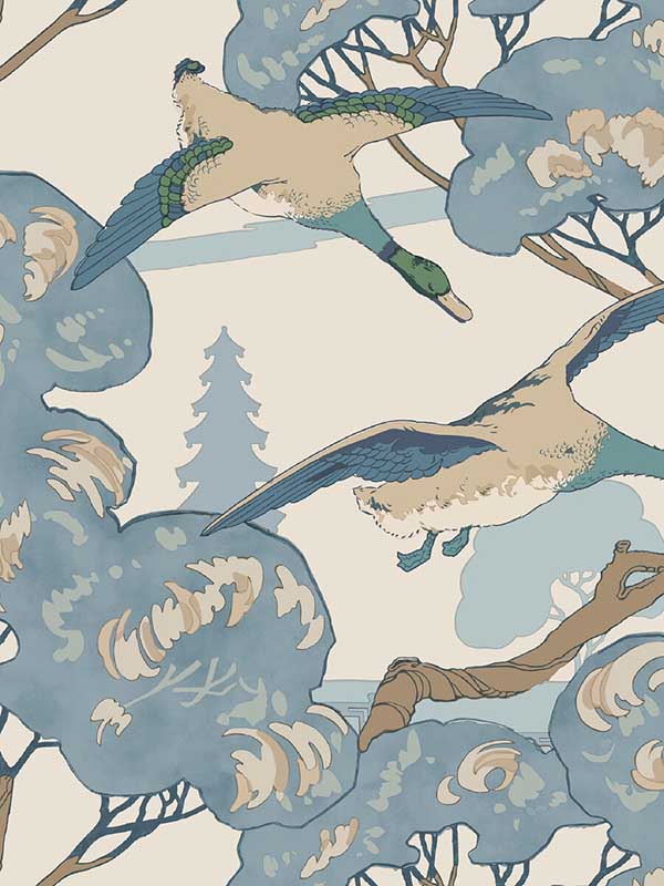 Grand Flying Ducks fabric in blue color - pattern number FG102.H101.0 - by Mulberry Home in the Icons Wallpaper collection