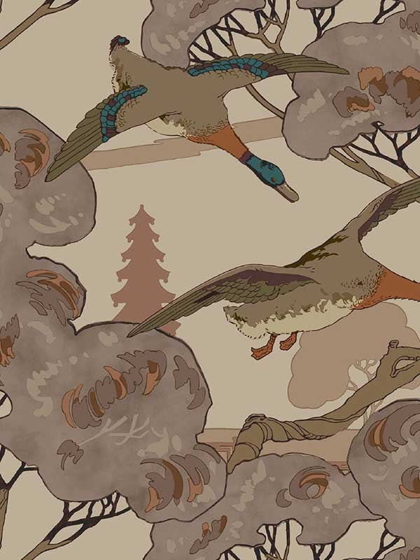 Grand Flying Ducks fabric in plum color - pattern number FG102.H113.0 - by Mulberry Home in the Icons Wallpaper collection