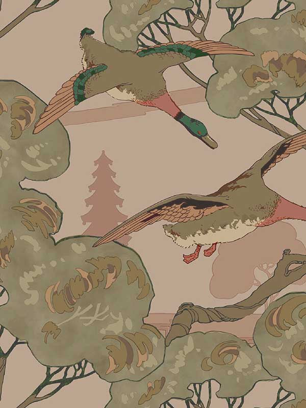 Grand Flying Ducks fabric in plaster color - pattern number FG102.H150.0 - by Mulberry Home in the Icons Wallpaper collection