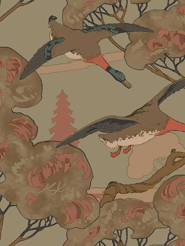Grand Flying Ducks fabric in sage color - pattern number FG102.S108.0 - by Mulberry Home in the Icons Wallpaper collection