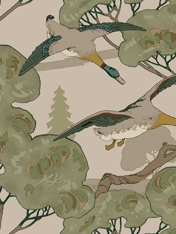 Grand Flying Ducks fabric in emerald color - pattern number FG102.S16.0 - by Mulberry Home in the Icons Wallpaper collection