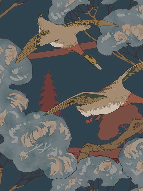 Grand Flying Ducks fabric in red blue color - pattern number FG102.V110.0 - by Mulberry Home in the Icons Wallpaper collection