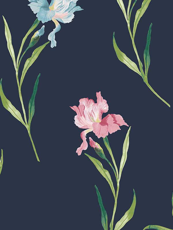 Hawling Irises fabric in midnight seaspray color - pattern number 127399 - by Laura Ashley in the Laura Ashley Collection II collection