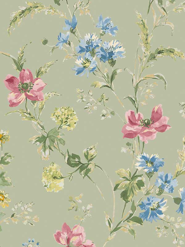 Poppy Meadow fabric in sage green color - pattern number 127405 - by Laura Ashley in the Laura Ashley Collection II collection