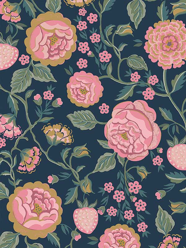 Strawberry Garden fabric in navy color - pattern number 125500 - by Graham and Brown in the Cath Kidston Collection collection