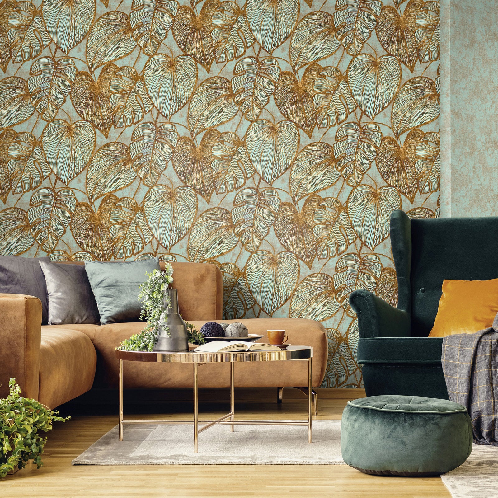 Monstera wallpaper in gold color - pattern number GH26943-23 - by Galerie in the Julie Feels Home collection