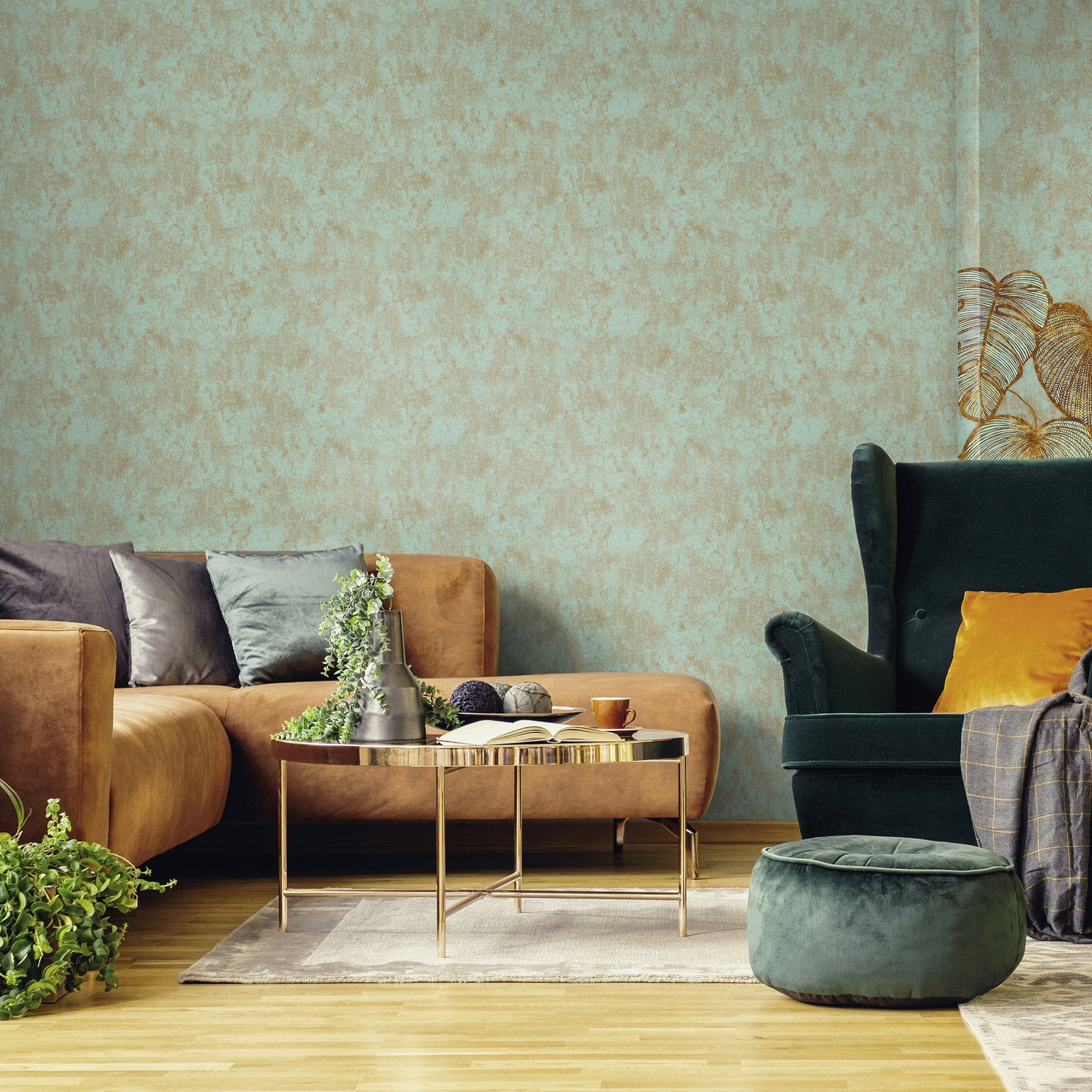 Monstera Plain wallpaper in blue color - pattern number GH26953-23 - by Galerie in the Julie Feels Home collection