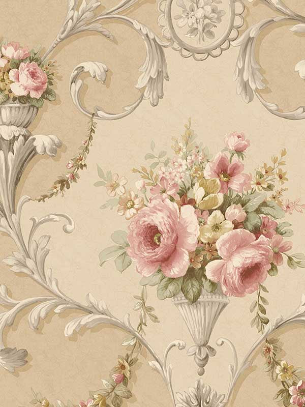 In register Ornamental Floral wallpaper in brown red yellow color - pattern number CI38234 - by Patton Norwall in the Classic Impressions collection