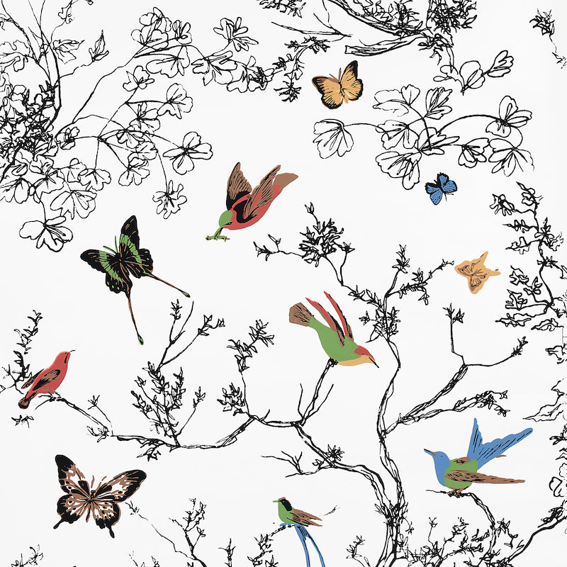 Birds and Butterflies fabric in multi on white color - pattern number 2704420 - by Schumacher in the Modern Nature collection