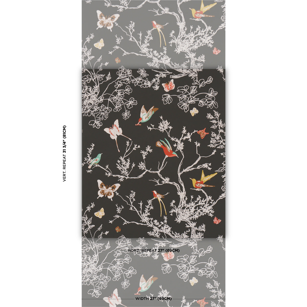 Birds and Butterflies Wallpaper in graphite color - pattern number 2704422 - by Schumacher in the Perennial Favorites collection
