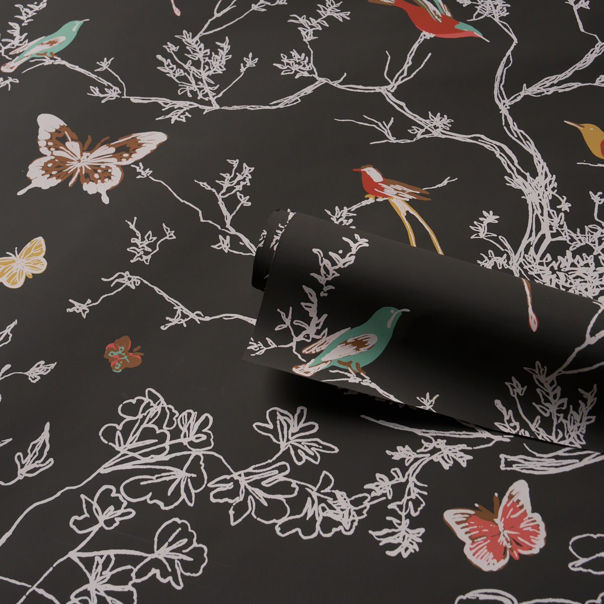 Birds and Butterflies Wallpaper in graphite color - pattern number 2704422 - by Schumacher in the Perennial Favorites collection