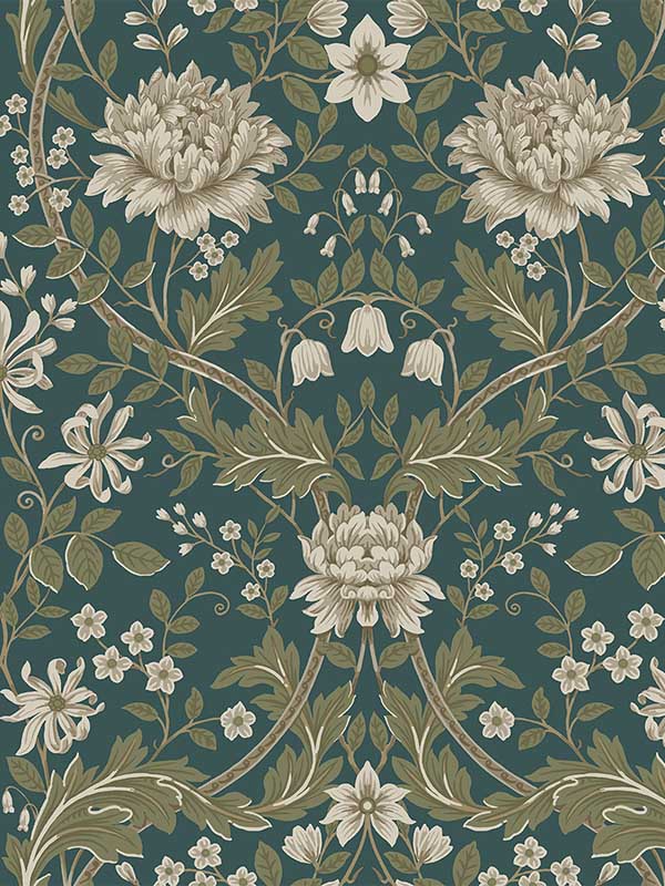 Honeysuckle Floral Prepasted fabric in teal and moss green color - pattern number EP10004 - by Seabrook in the Etten Prepasted Wallcovering collection