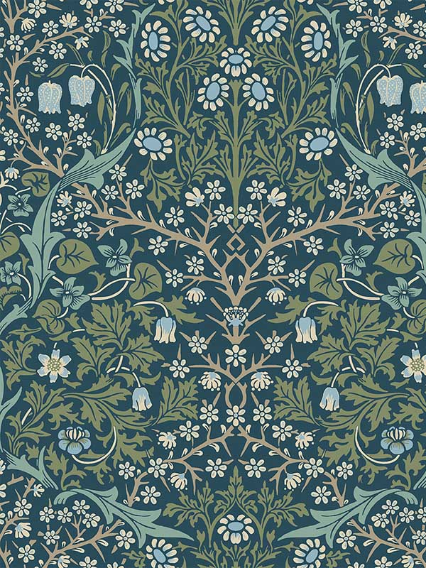 Victorian Garden Floral Prepasted fabric in prussian blue and moss green color - pattern number EP10102 - by Seabrook in the Etten Prepasted Wallcovering collection