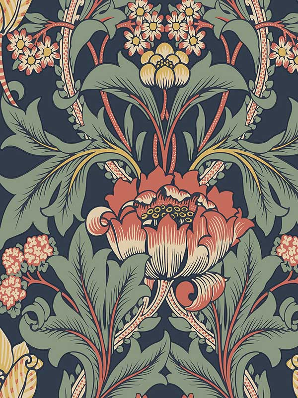 Primrose Garden Floral Prepasted fabric in denim blue and auburn color - pattern number EP10202 - by Seabrook in the Etten Prepasted Wallcovering collection