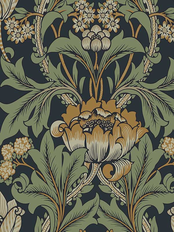 Primrose Garden Floral Prepasted fabric in midnight blue and goldenrod color - pattern number EP10204 - by Seabrook in the Etten Prepasted Wallcovering collection