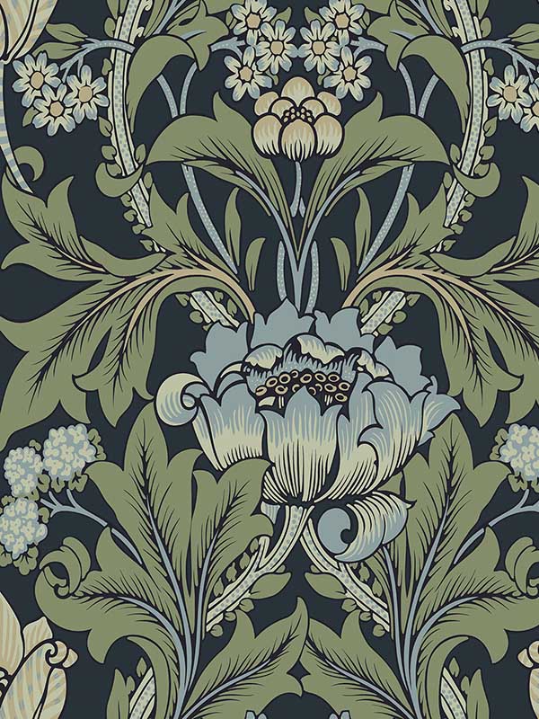Primrose Garden Floral Prepasted fabric in midnight blue and sage color - pattern number EP10212 - by Seabrook in the Etten Prepasted Wallcovering collection