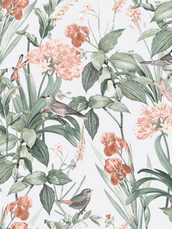 Mint Birds Dragonflies Botanical fabric in green color - pattern number VRBT04-746 - by Veer Decor in the Botanique collection