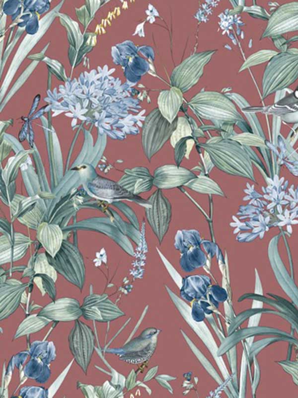 Mint Birds Dragonflies Botanical wallpaper in red color - pattern number VRBT10-746 - by Veer Decor in the Botanique collection