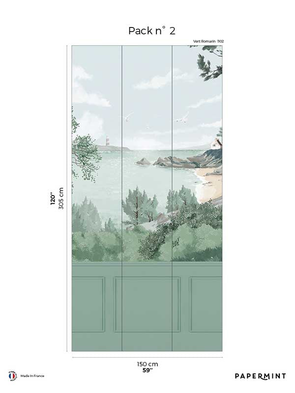Bretagne Chair Rail Faux Wainscoting Pack 2 mural in green color - pattern number 8184-AJ1-B - by Veer Decor in the Papermint Wall Murals collection