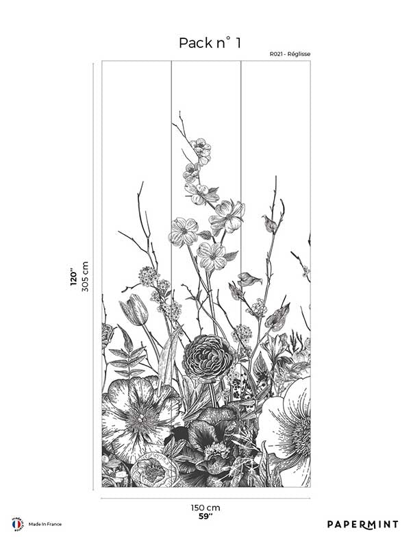 Flora Pack 1 fabric in black color - pattern number 8184-BC1-A - by Veer Decor in the Papermint Wall Murals collection