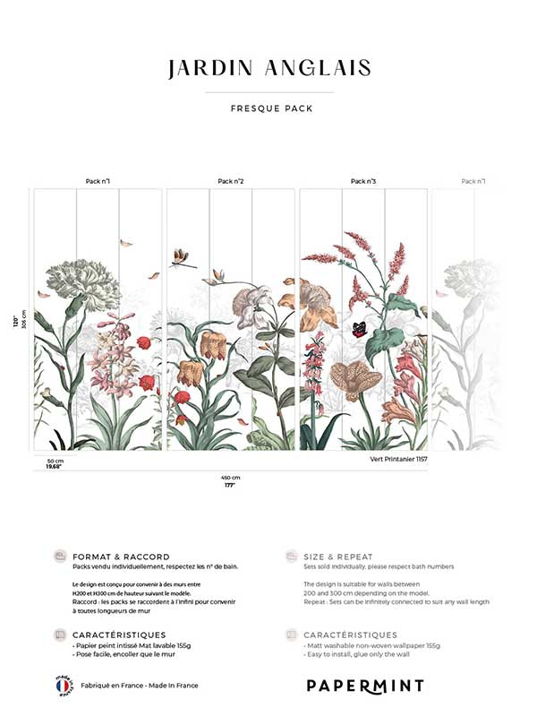 English Garden Pack 1 2 3 mural in green color - pattern number 8184-BDL-BK1 - by Veer Decor in the Papermint Wall Murals collection