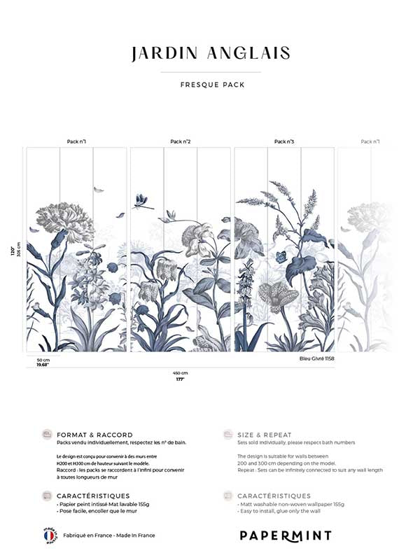 English Garden Pack 1 2 3 fabric in blue color - pattern number 8184-BDL-BK2 - by Veer Decor in the Papermint Wall Murals collection