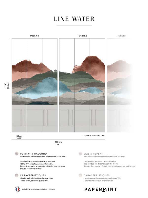Line Water Chair Rail Faux Wainscot Pack 1 2 mural in gray color - pattern number 8184-BDL-BW1 - by Veer Decor in the Papermint Wall Murals collection