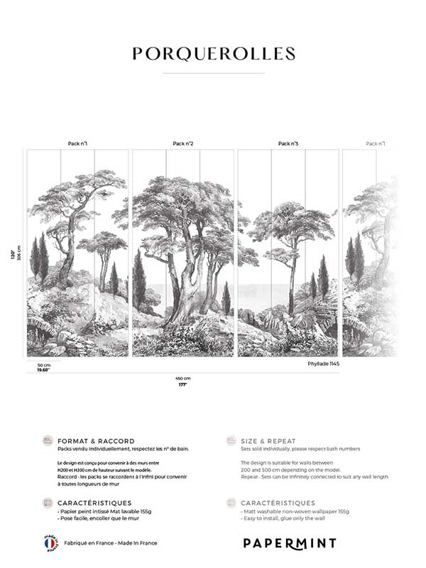 Porquerolles Pack 1 2 3 mural in gray color - pattern number 8184-BDL-CP - by Veer Decor in the Papermint Wall Murals collection