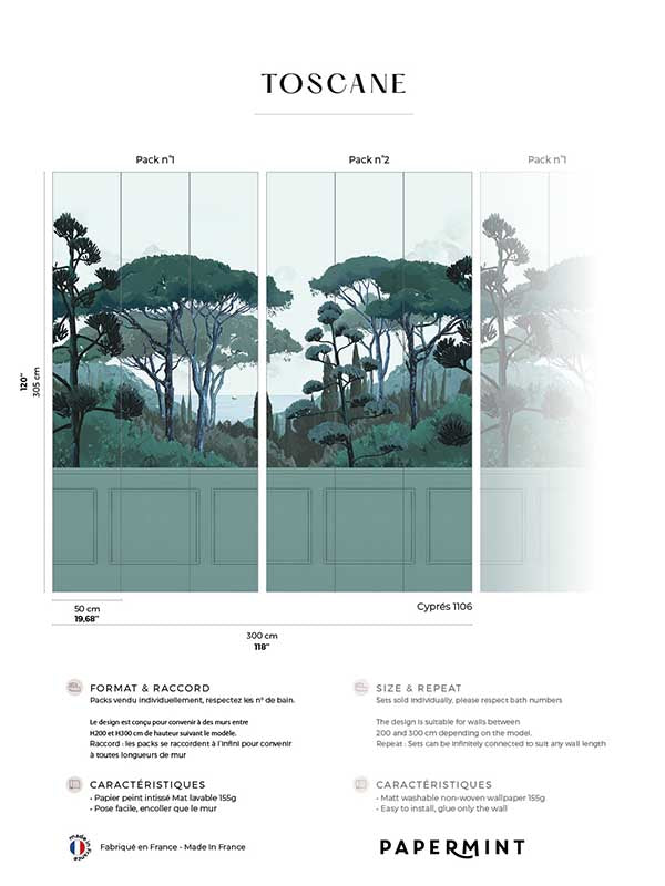 Tuscany Chair Rail Faux Wainscoting Pack 1 2 mural in green color - pattern number 8184-BDL-DB1 - by Veer Decor in the Papermint Wall Murals collection