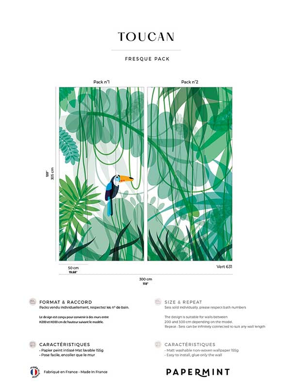 Toucan Pack 1 2 fabric in green color - pattern number 8184-BDL-DE - by Veer Decor in the Papermint Wall Murals collection