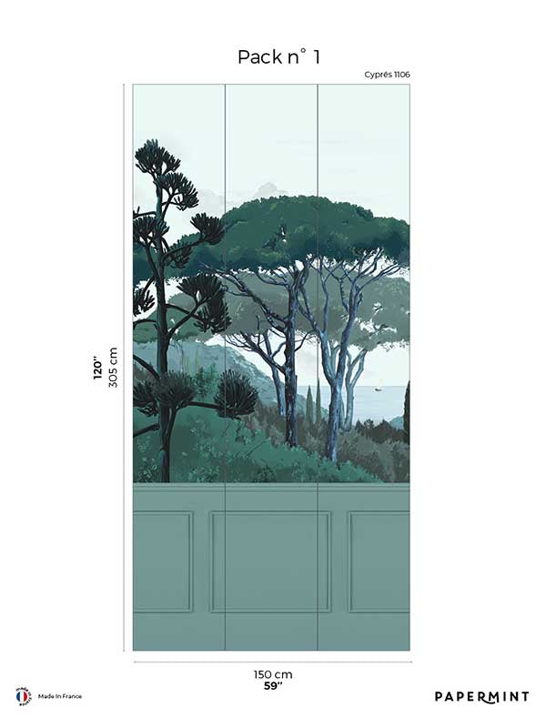 Tuscany Chair Rail with Faux Wainscoting Pack 1 mural in green color - pattern number 8184-DB1-A - by Veer Decor in the Papermint Wall Murals collection