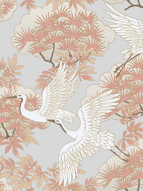 Sprig and Heron fabric in coral color - pattern number AF6590 - by Ronald Redding in the Tea Garden Second Edition collection