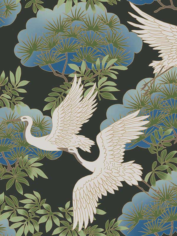 Sprig and Heron fabric in black color - pattern number AF6593 - by Ronald Redding in the Tea Garden Second Edition collection
